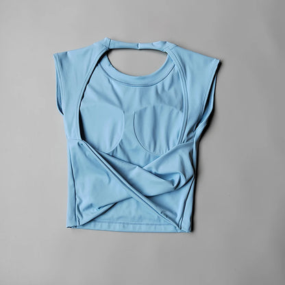 Women's Backless Yoga Crop Top – Built-In Chest Pad Sports Tee