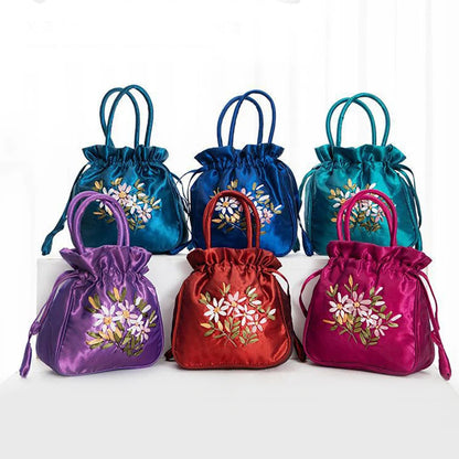 Women's Embroidered Bucket Bag – Floral Top Handle Purse