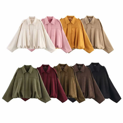 Women's Vintage Bomber Jacket with Turn-Down Collar