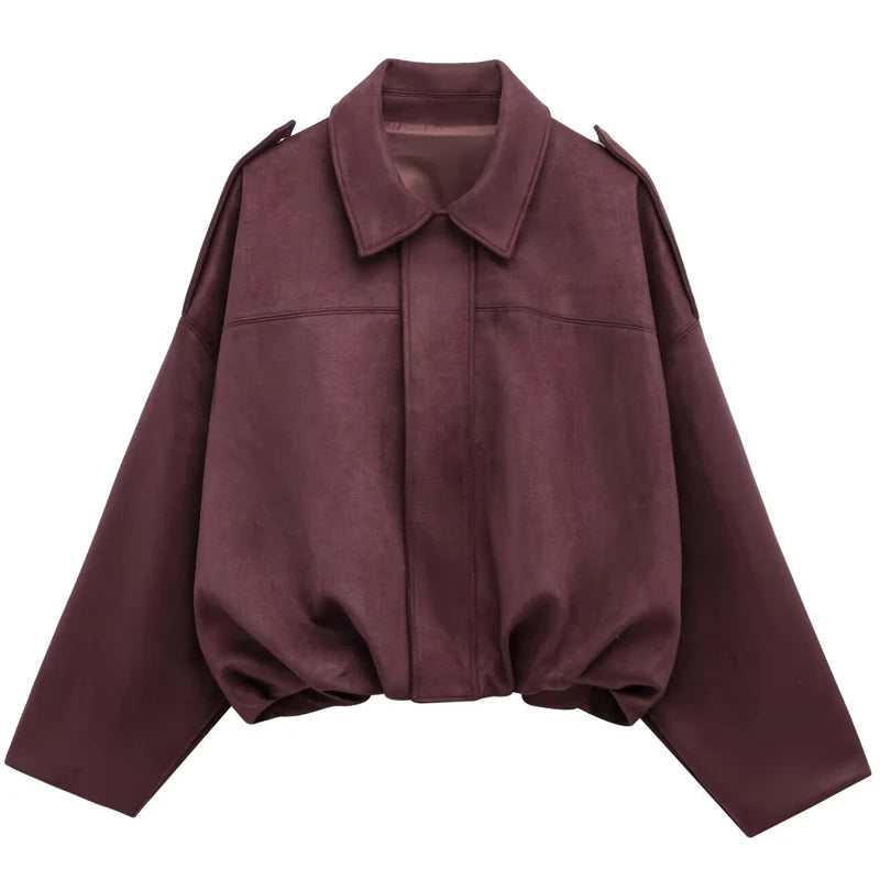 Women's Suede Cropped Bomber Jacket – Oversized Batwing Coat