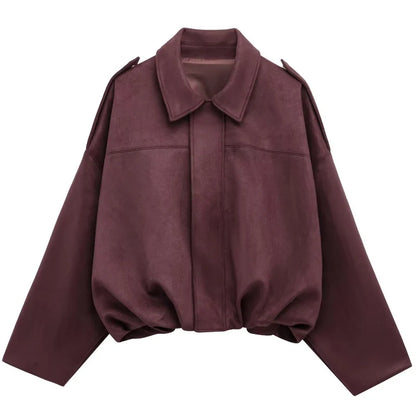 Women's Suede Cropped Bomber Jacket – Oversized Batwing Coat