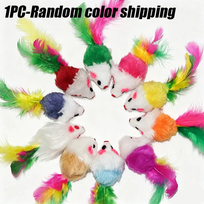 Plush Mouse Cat Toys with Colorful Feather Tails – Squeaky Mice for Indoor Cats