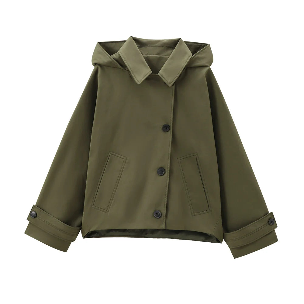 Women's Short Hooded Trench Coat Single-Breasted