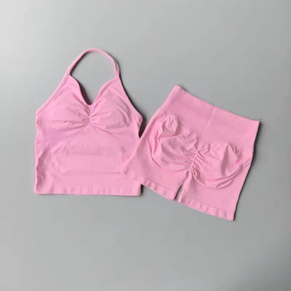 Women's Strappy Backless Crop Top & Scrunch Shorts Set – Gym Yoga Activewear
