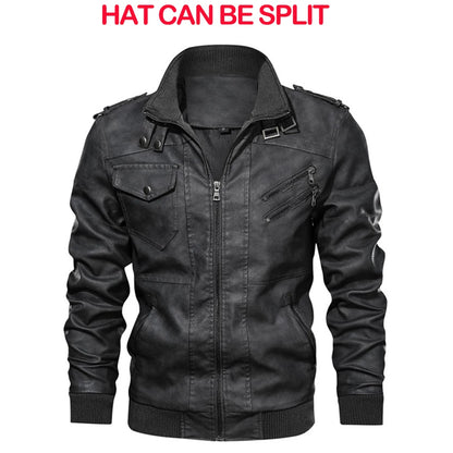 Men's PU Leather Motorcycle Jacket with Removable Hood