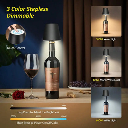 Rechargeable Wireless Led Wine Bottle Lamp Touch Dimming 3 Color Modes Cordless Lampshade Stopper