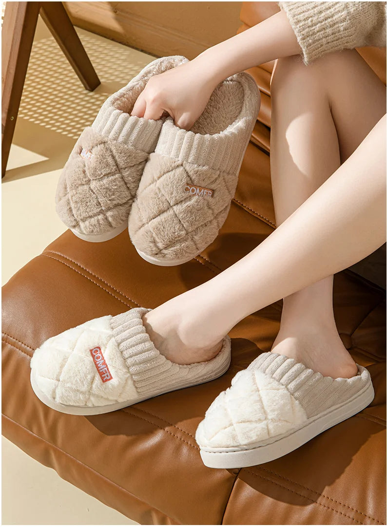 Women S Casual Home Slippers Soft Bottom Plush Anti-Slip Thermal Indoor Winter Men Flats Slip - Soft