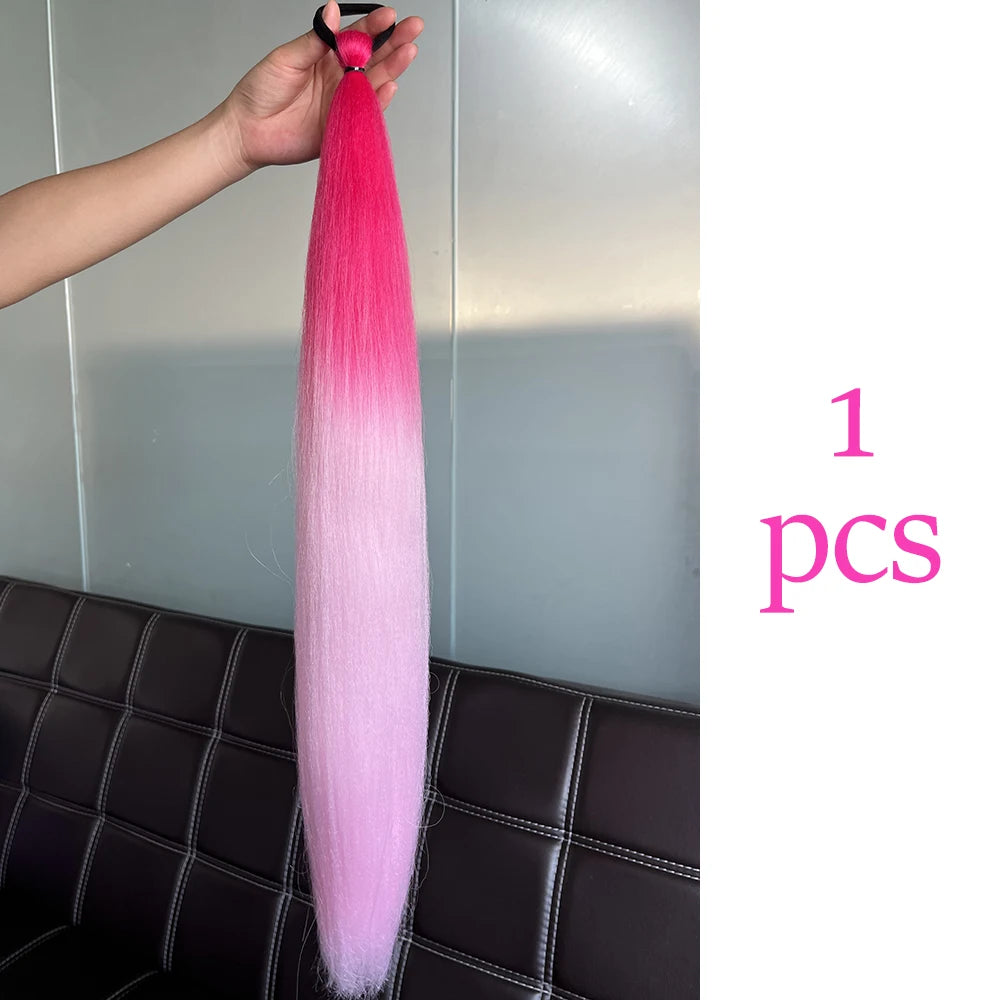 Synthetic Colorful Ponytail Extension 2pcs Long Straight Diy Braided Pony Tail Hairpiece Rubber Band