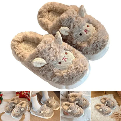 Winter Cartoon Plush Slippers Warm Fluffy Faux Fur Sheep Design Indoor Home Couple Cotton Men Women