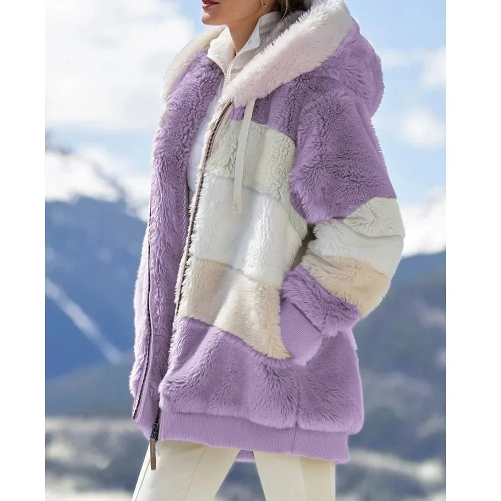 Women's Plaid Fleece Hooded Coat – Thick Zip-Up Winter Jacket