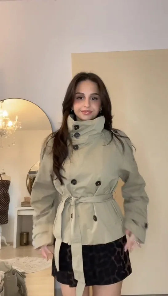 Cropped Trench Coat for Women – Belted Double Breasted