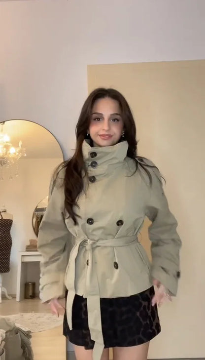 Cropped Trench Coat for Women – Belted Double Breasted