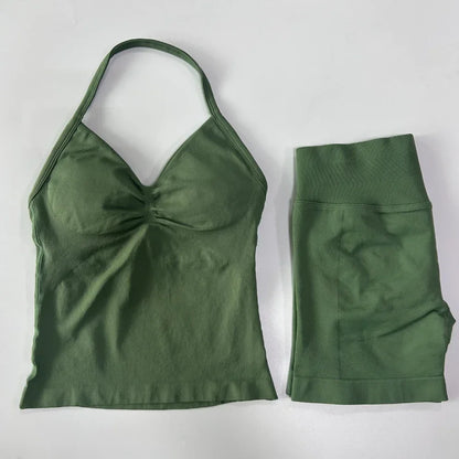 Women's 2-Piece Seamless Workout Set – Backless Tank Top & Scrunch Shorts