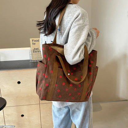 Corduroy Strawberry Print Tote Bag – Cute Shoulder Bag