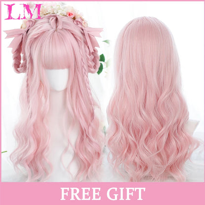 Lm Cosplay Wig Bangs Synthetic Straight Hair 24 Inch Long Heat-Resistant Pink Women