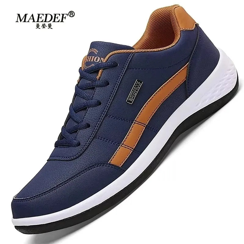 Men's Waterproof Leather Sneakers – Casual Lace-Up Vulcanized Shoes