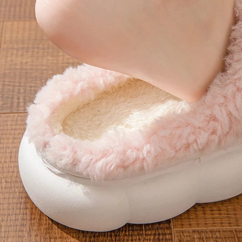 Winter Warm Fur Slippers Women Cute Bow House Non Slip Soft Shoes Comfort Flat Heel Home Indoor
