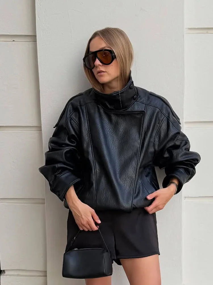 Women's Oversized Faux Leather Jacket – Asymmetric Button Loose Coat