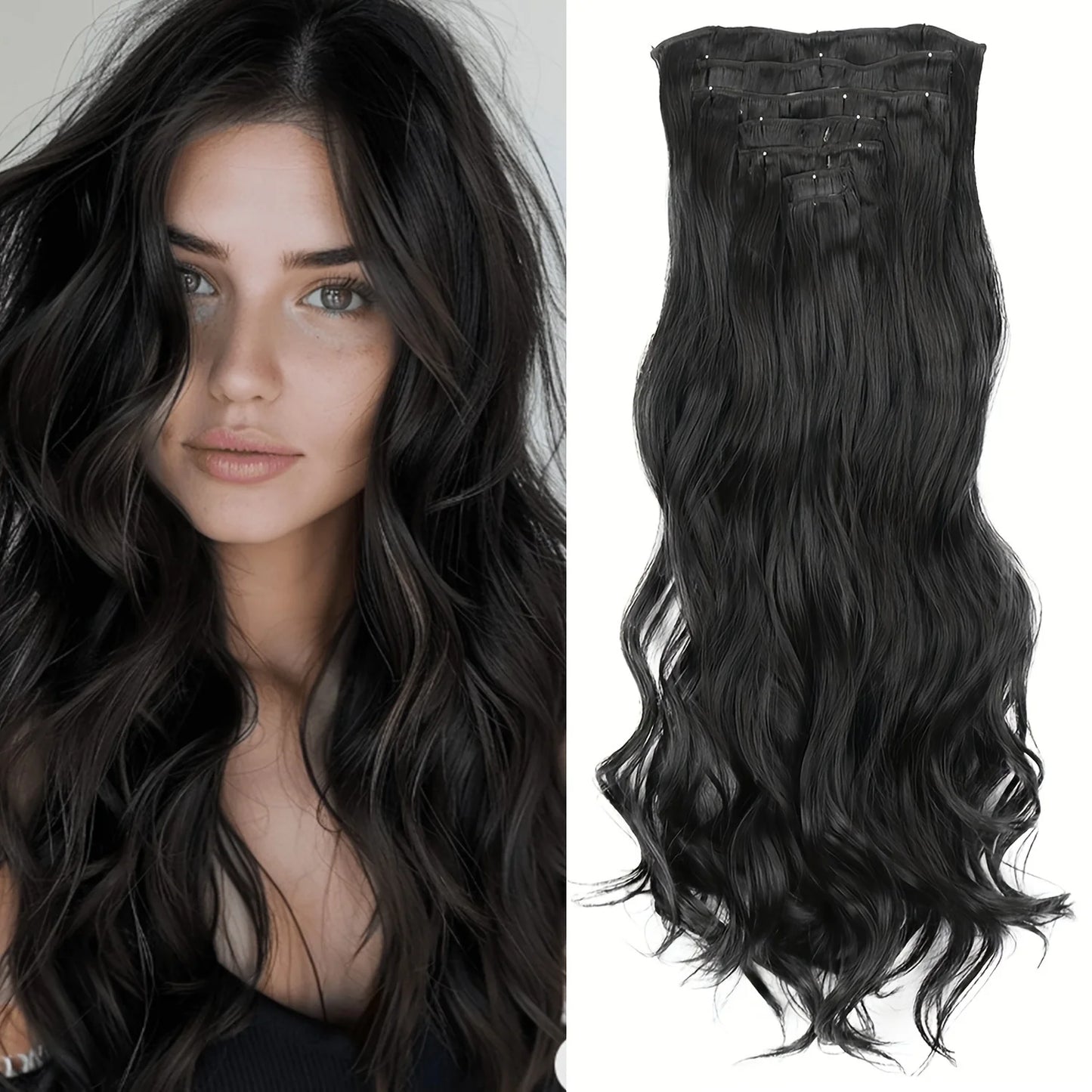 Clip-In Hair Extensions 7pcs 16 Clips Wavy Synthetic 24 Inch