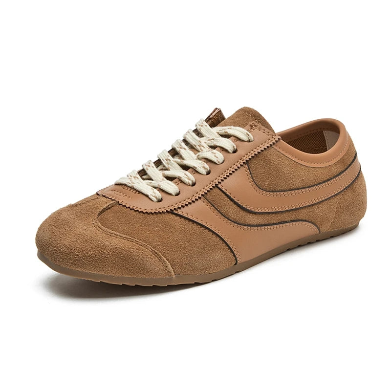 Women's Genuine Leather Retro Sneakers – Flat Lace-Up Casual Shoes