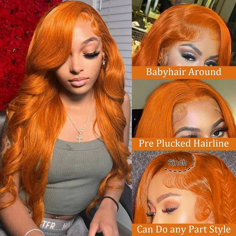 Ginger Orange Body Wave Lace Front Wig – Human Hair, Pre-Plucked