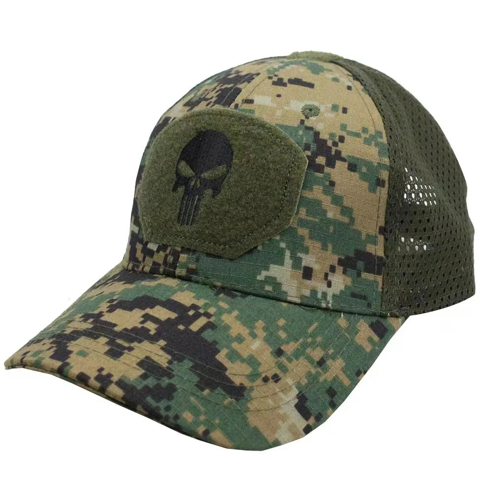 Tactical Skull Patch Baseball Cap – Camo Mesh Snapback Hat