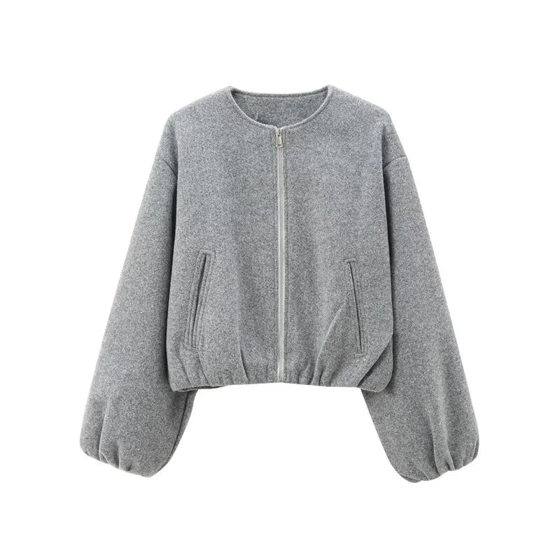 Women's Loose Cropped Bomber Jacket – Zip-Up Long Sleeve Coat