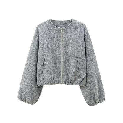 Women's Loose Cropped Bomber Jacket – Zip-Up Long Sleeve Coat