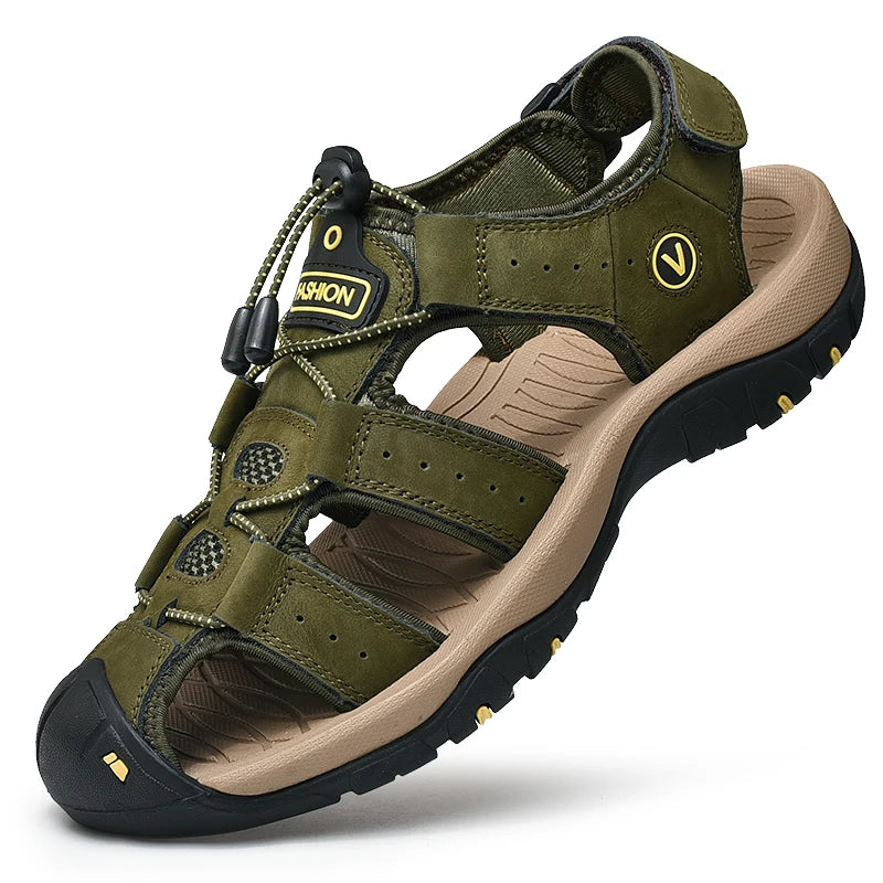 Men's Genuine Leather Outdoor Sandals – Closed Toe Beach Shoes