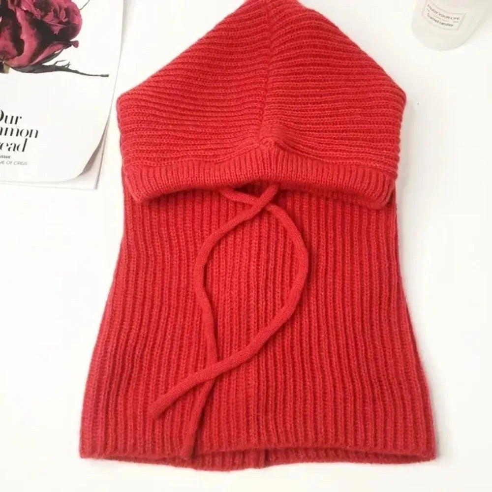 Knitted Balaclava Hood Hat with Fake Collar Shawl – Women's Winter Beanie