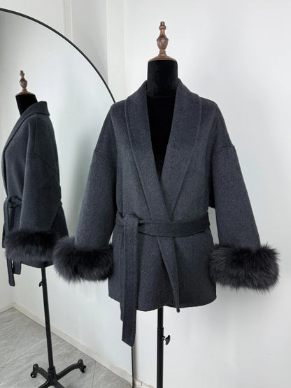 Women's Fox Fur Woolen Short Coat – Double-Sided Wool