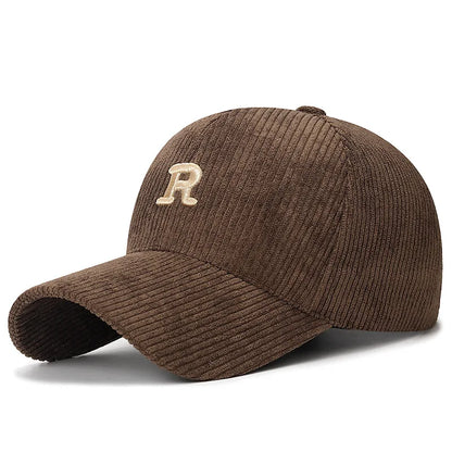 Corduroy Baseball Cap – 3D Embroidered R Letter Structured Hat