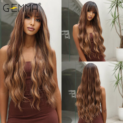 Gemma Ombre Brown Blonde Long Straight Synthetic Wigs Bangs Cosplay Wig Women Temperature Natural
