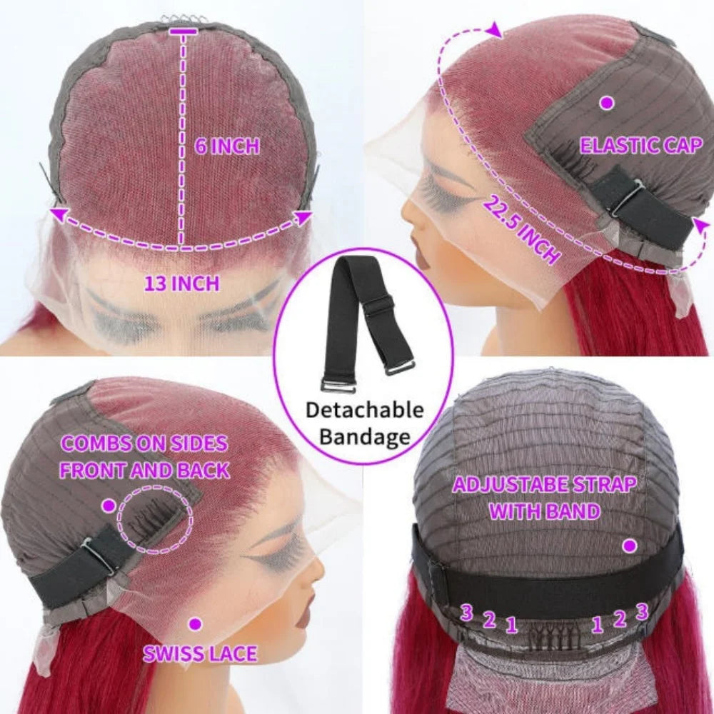 13x4 HD Lace Front Wig 99J Burgundy Straight Human Hair