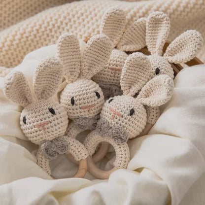 Baby Crochet Rattle & Wooden Teether Toy – BPA-Free Animal Ring