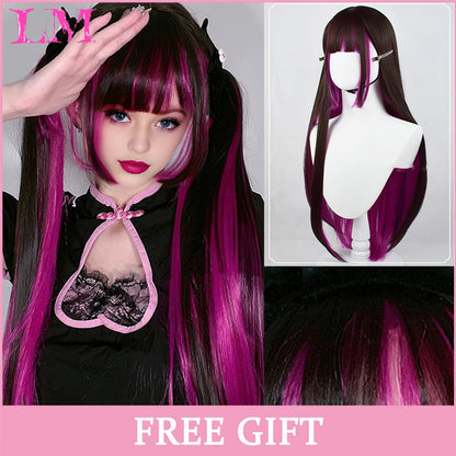 Lm Cosplay Wig Bangs Synthetic Straight Hair 24 Inch Long Heat-Resistant Pink Women