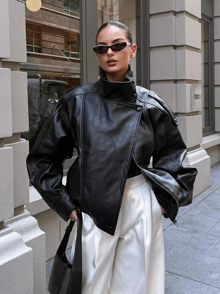 Women's Oversized Faux Leather Jacket – Asymmetric Button Loose Coat