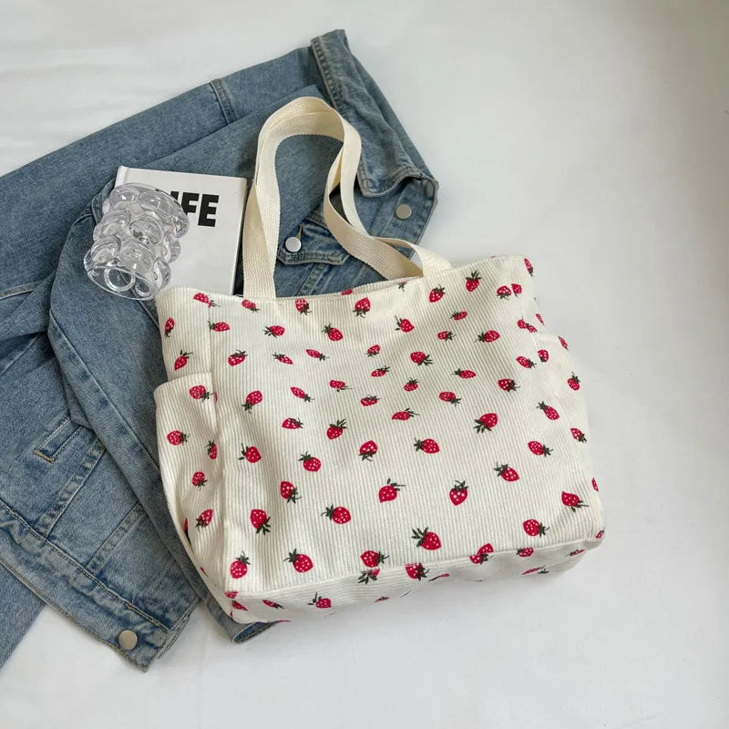 Corduroy Strawberry Print Tote Bag – Cute Shoulder Bag