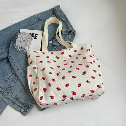 Corduroy Strawberry Print Tote Bag – Cute Shoulder Bag