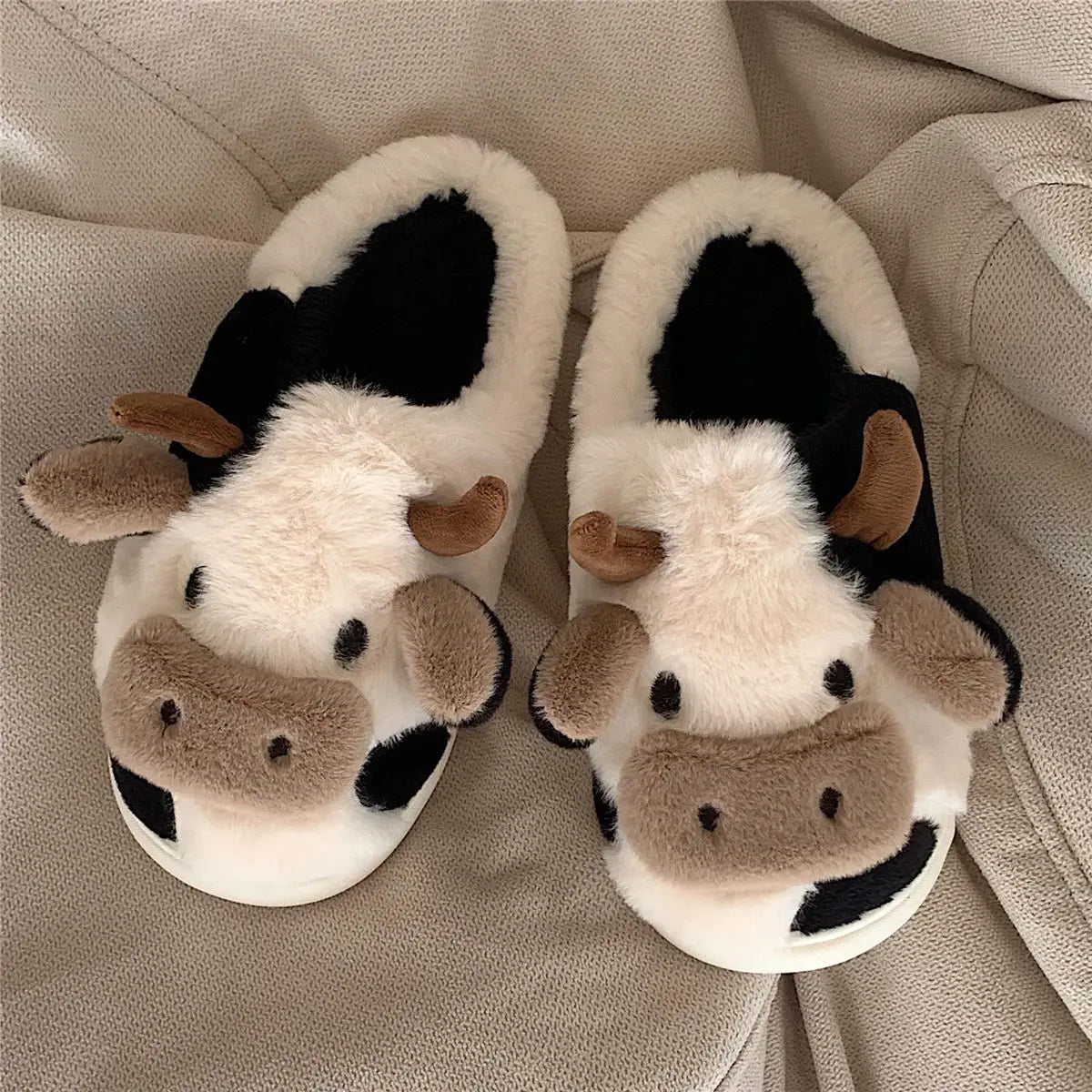 Winter Home Slippers Couples Warm Plush Neutral Cartoon Cow Indoor Anti Slip Comfortable Cotton Men