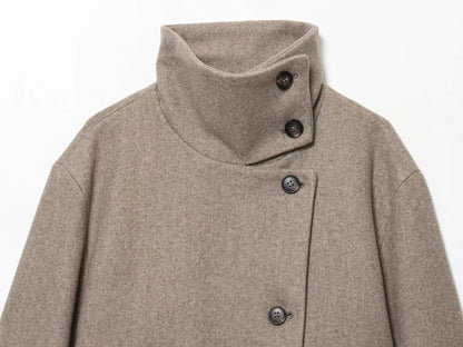 Women's Stand Collar Button Wool Blend Short Coat – Loose Casual Winter Jacket
