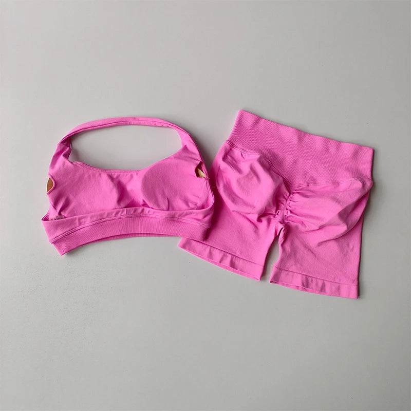 Women's Halter Neck Sports Bra & Scrunch Butt Shorts Set – 2-Piece Activewear