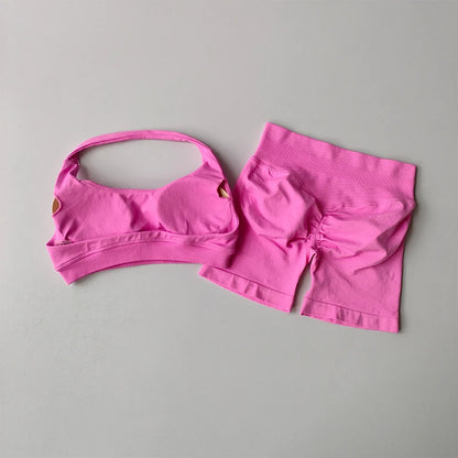 Women's Halter Neck Sports Bra & Scrunch Butt Shorts Set – 2-Piece Activewear