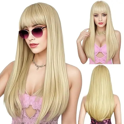 Long Wavy Synthetic Wig with Bangs – Heat Resistant Fiber