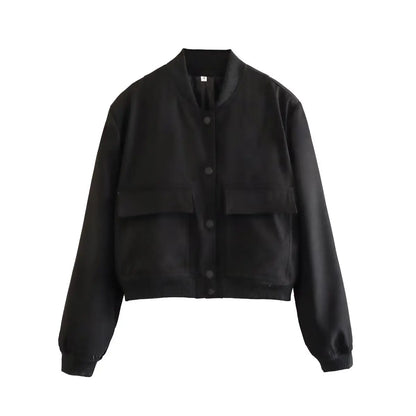 Women's Bomber Jacket – Solid V-Neck Single Breasted Coat with Pockets