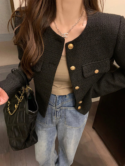 Women's Wool Tweed Short Coat – Gold Button Slim French Style