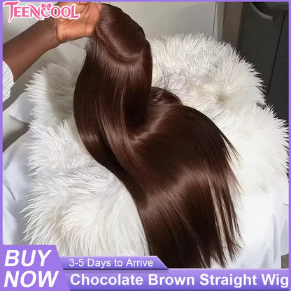 Chocolate Brown Bone Straight Human Hair Wig – 13x6 HD Lace, 180%/200% Density