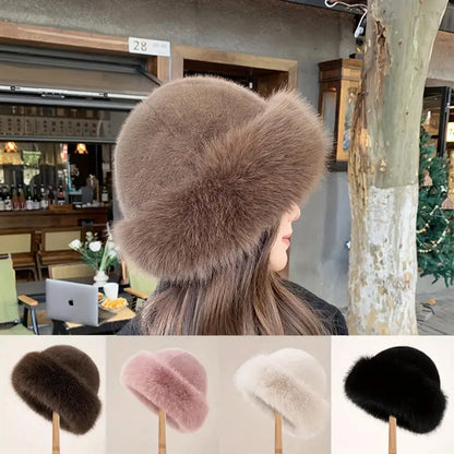 Women's Fluffy Faux Fur Winter Hat - Warm Bucket Cap