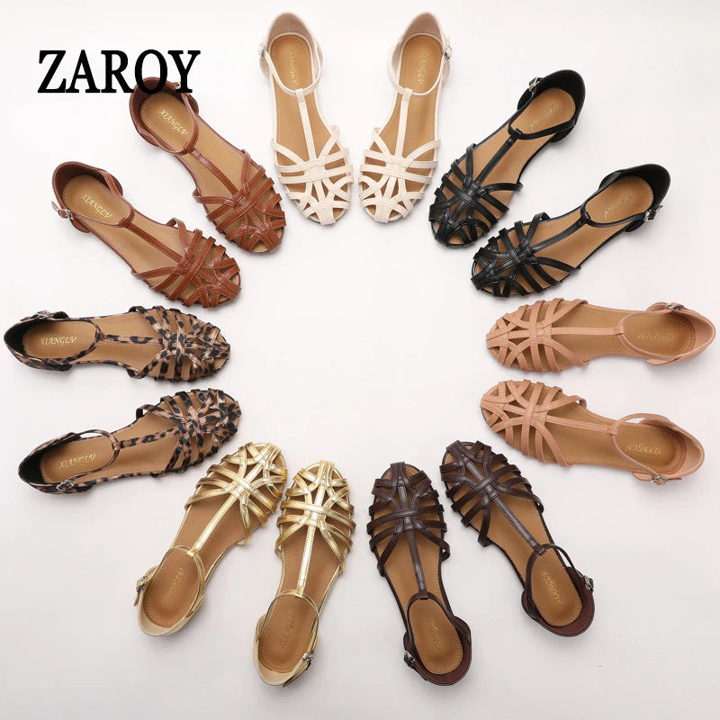 Women's Flat Roman Sandals – Woven Cage Cross Strap