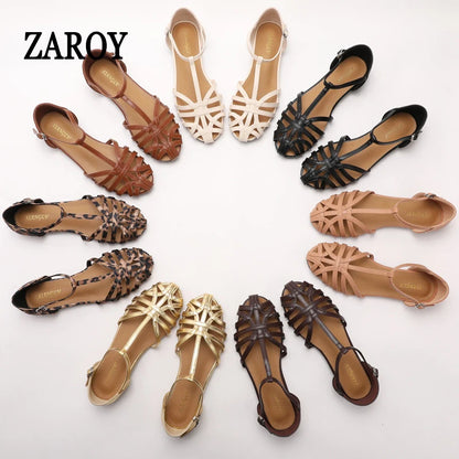 Women's Flat Roman Sandals – Woven Cage Cross Strap